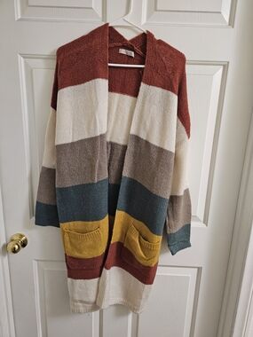 Active USA Striped Open-Front Cardigan in Rust, Cream, Teal, Mustard